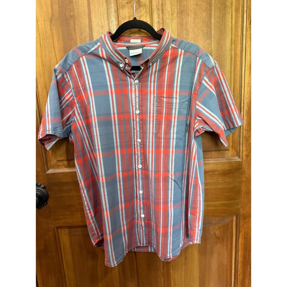 Columbia Mens XL Reg Fit Plaid Short Sleeve Button Down‎ Shirt Blue Red AM9132